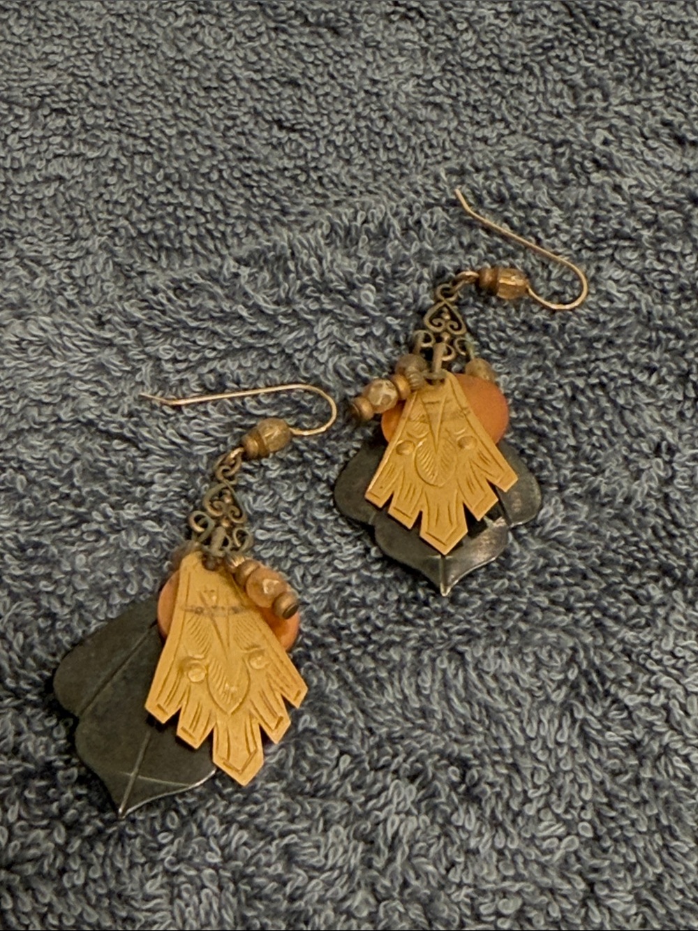 Neiman Marcus Gold and Black Layered Leaf Drop Earrings with Brown Beads